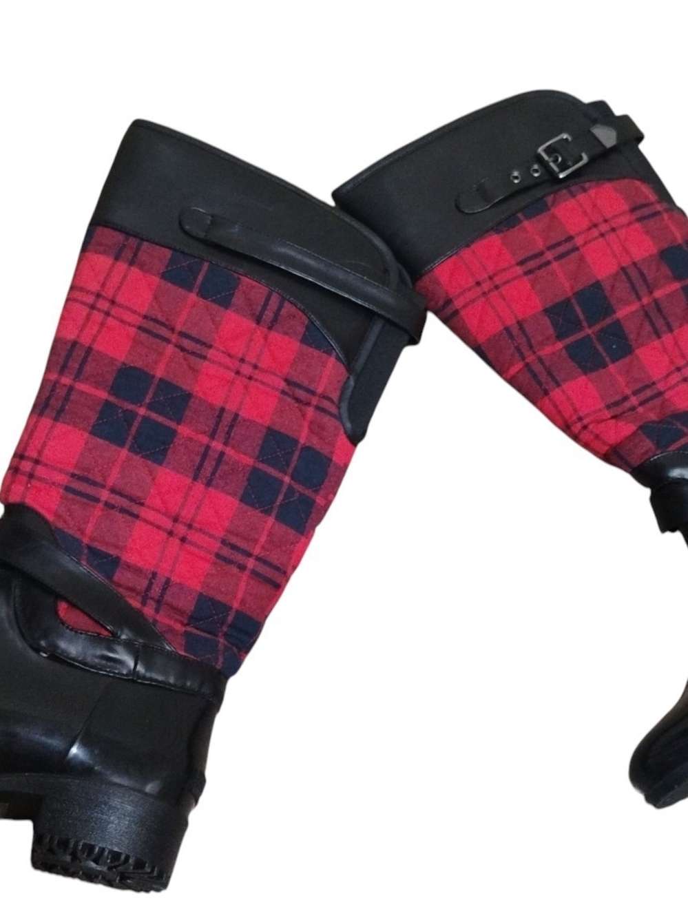 Charlie Paige Red Plaid Quilted Tall Rain Boots w Black Trim Size 10 - Picture 8 of 11